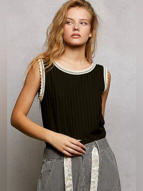 POL Black Ribbed Tank with Cream Lace Trim